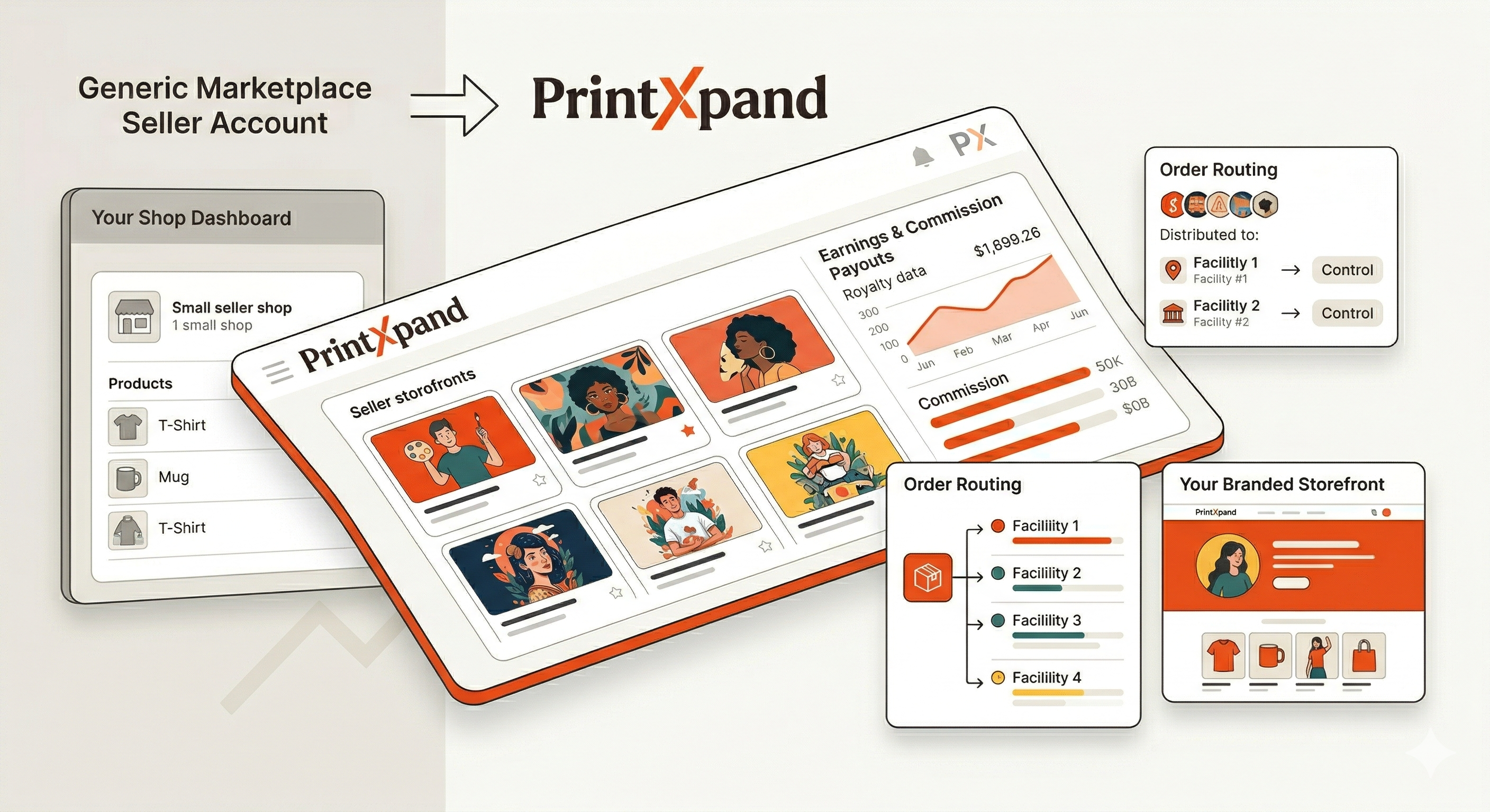 PrintXpand print-on-demand platform — multi-seller storefronts, commission payouts, order routing across facilities, and a white-label branded storefront. Build your own Printify or Printful with PrintXpand.
