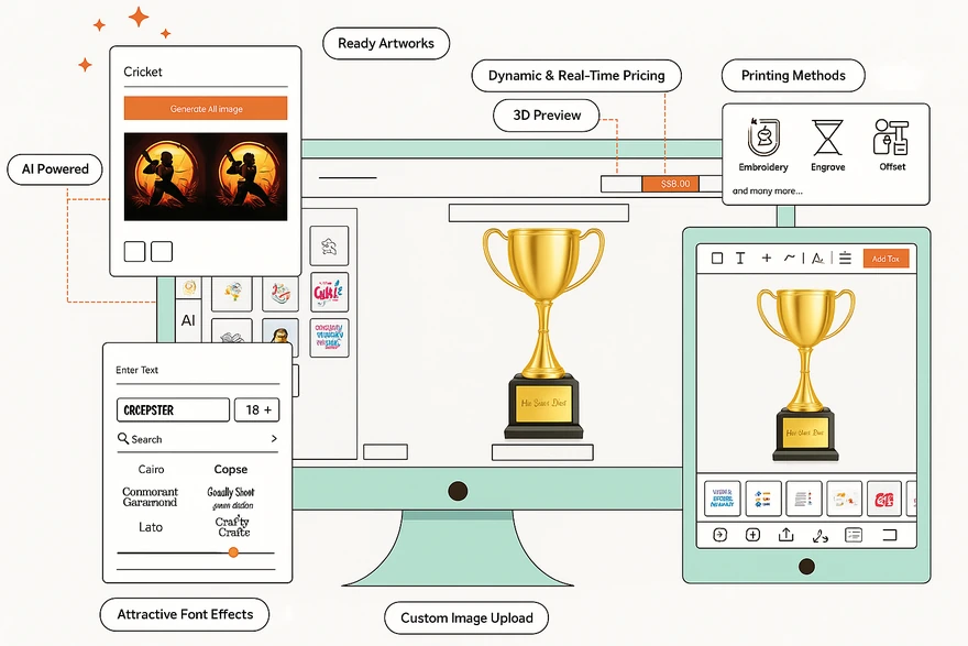 Trophy design software interface showing custom award personalization